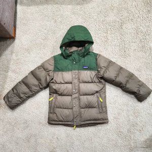 Boy's Patagonia Puffer Coat Jacket with Hood Duck Down Sz Medium 10 Olive Green
